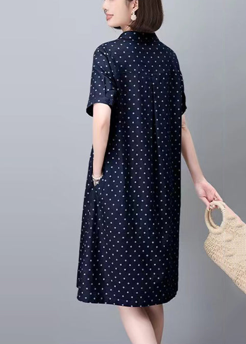 Navy Dot Pring Classy Cotton Mid Peter Summer Pan Collar Dress
