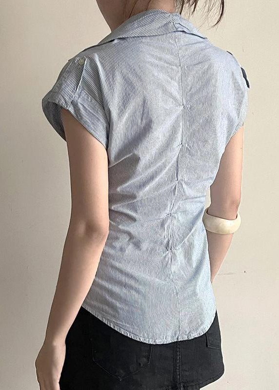 Summer Striped Cotton Classy Collar Blouses Peter Pan Button