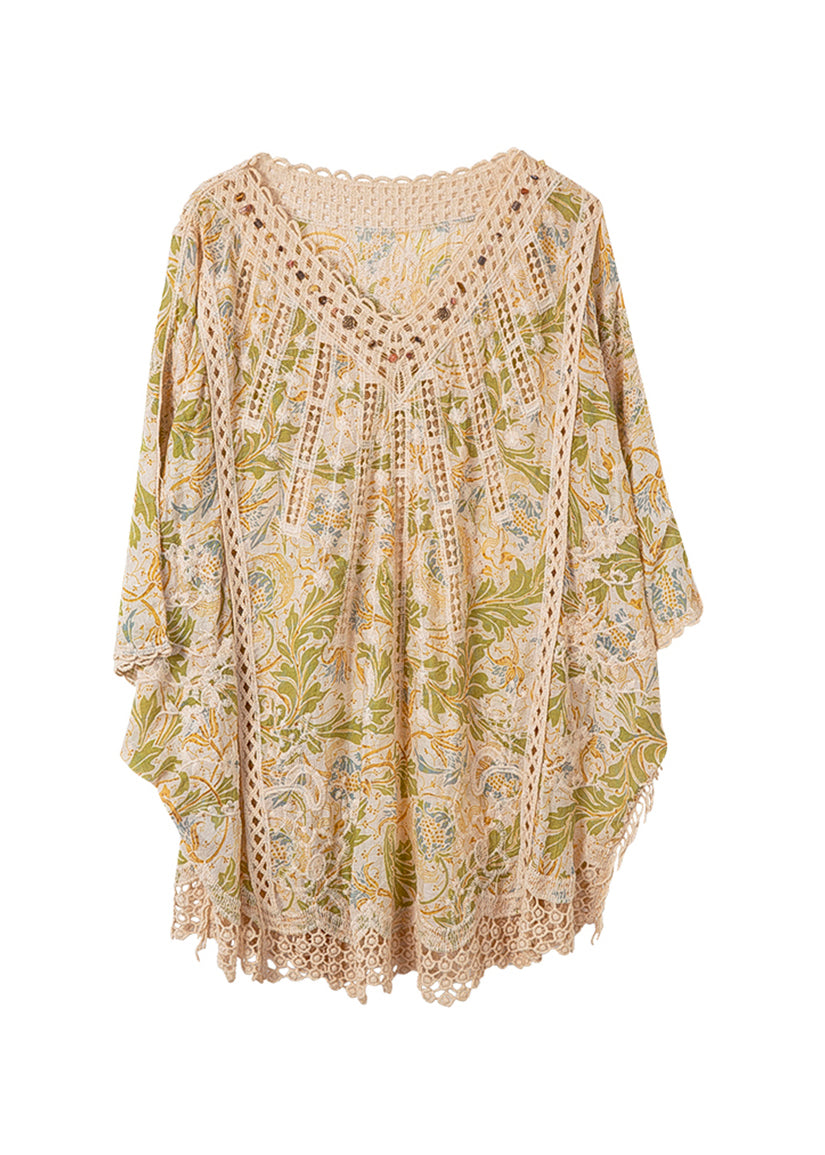 Tops Classy V Out Hollow Sleeve Cotton Batwing Neck Print