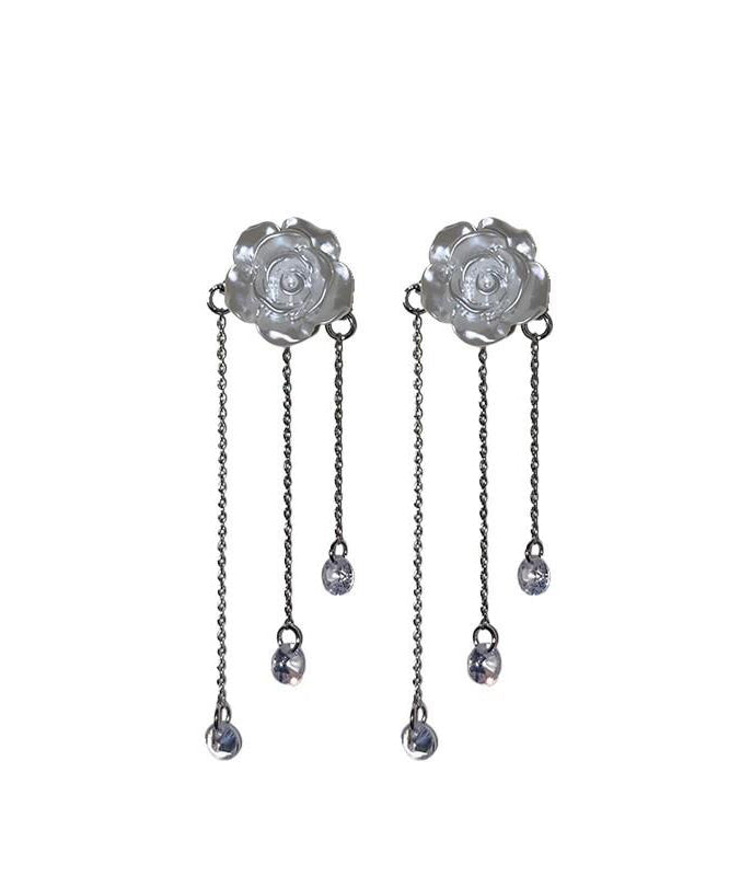 White Crystal Earrings Drop Camellia Tassel Classy Alloy