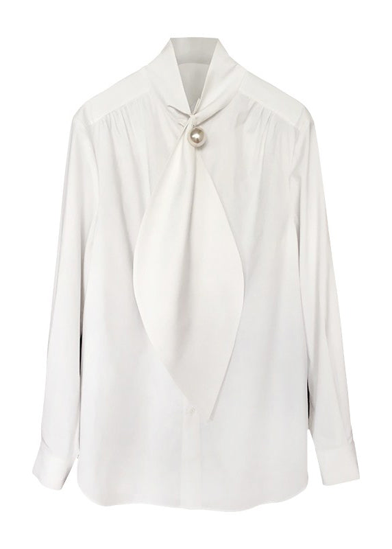 Bow Cotton Shirts Patchwork Classy Spring White