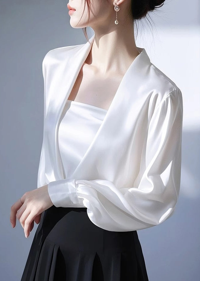 Satin Neck Classy White Shirt Spring Solid V