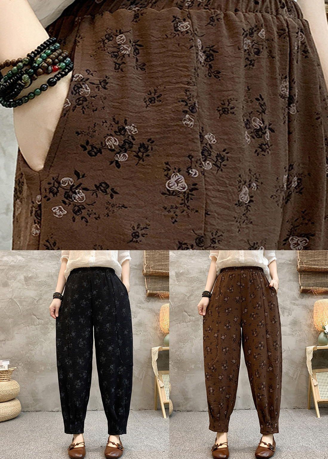 Pantalon d'été ample en coton avec poches à café, taille haute, SS001