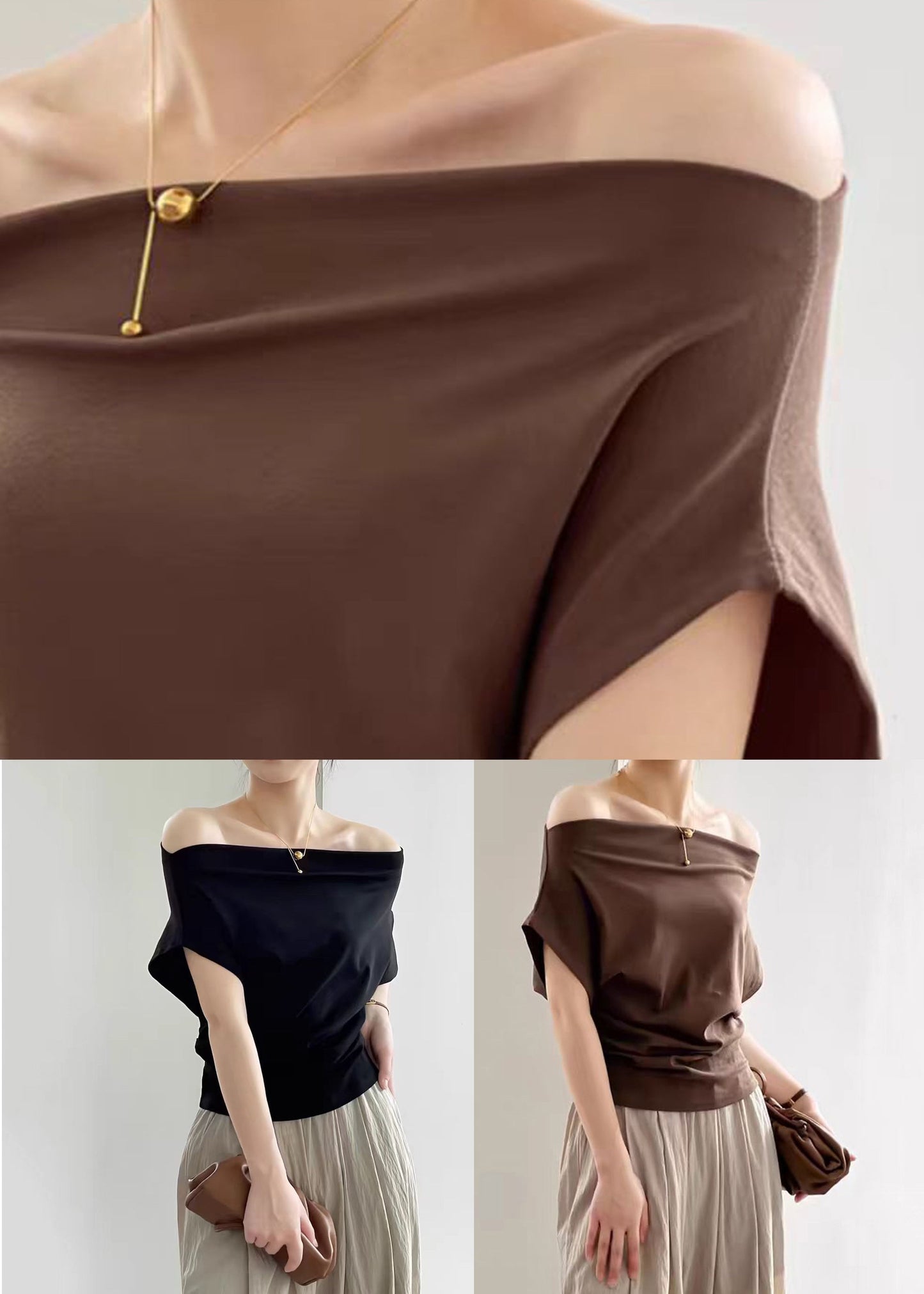 Summer Cold Solid T Cotton Shirts Coffee Shoulder