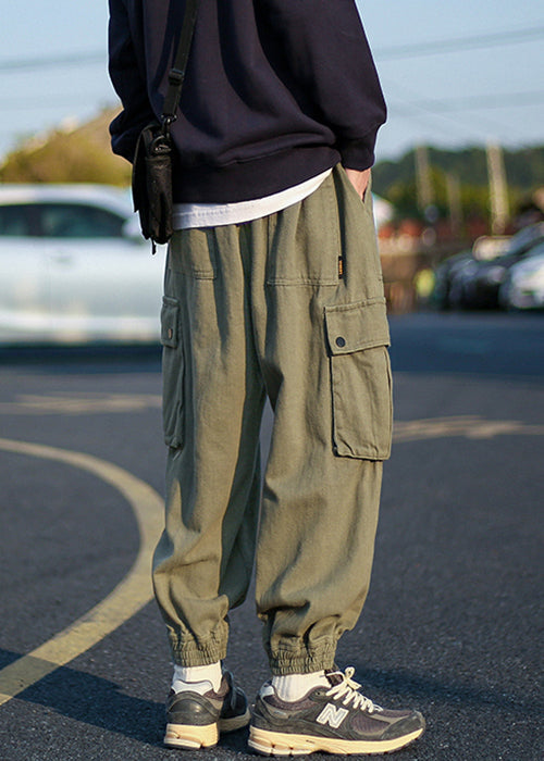 Waist Green Beam Men Cool Elastic Pockets Fleece Pants Army Warm