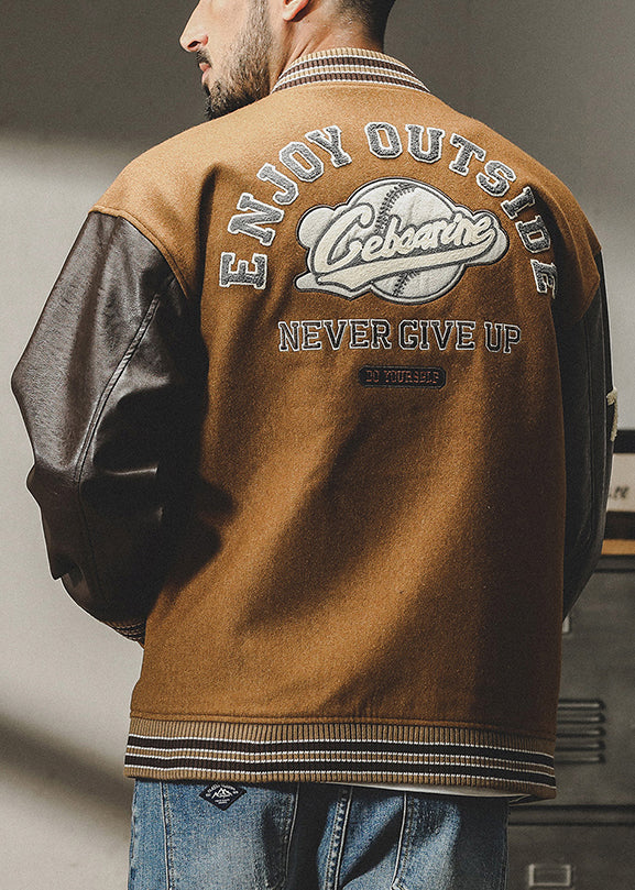 Cool Brown Button Patchwork Woolen Men Parkas Spring TC007