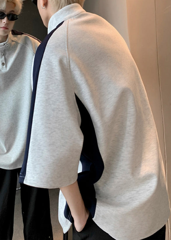 Stand Cool Cotton Grey Patchwork Mens Summer Collar Tees Graphic