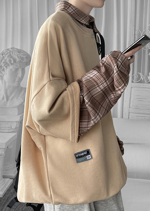 Cool Mens Plaid Peter Patchwork Collar Cotton Pan Khaki