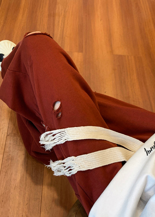 Men Red Spring Long Oversized Ripped Cool Hollow Out Pants