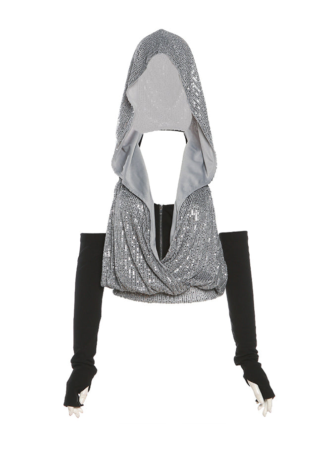 Neck Two-Piece Hooded Zipper Cool Sequin Hanging Set T-Shirt