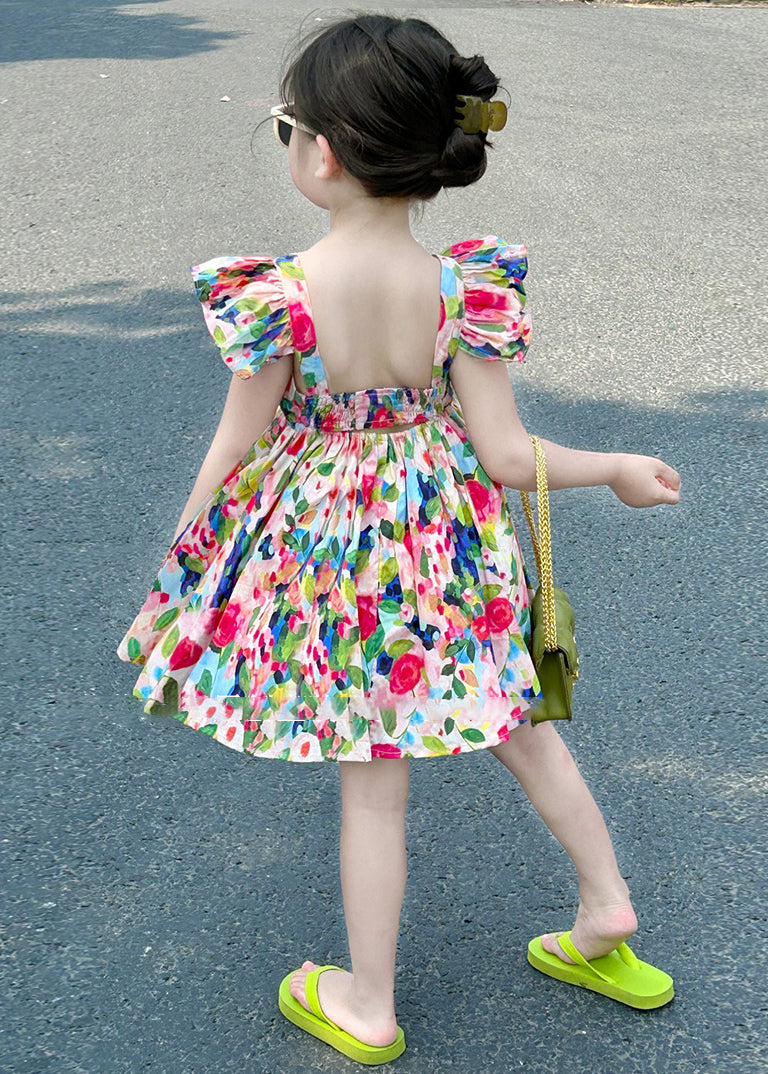 Cute Colorblock Backless Print Cotton Girls Mid Dress Summer EW039