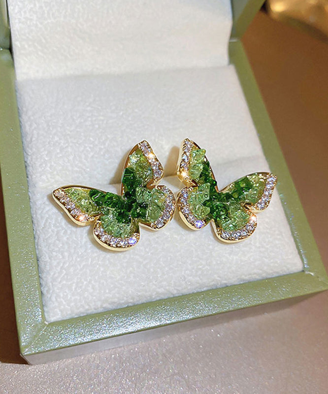 Green Copper Earrings Crystal Stud Zircon Cute Butterfly