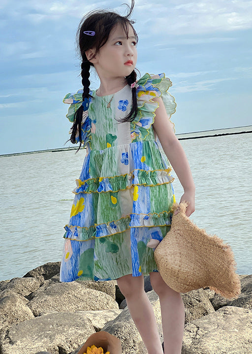 Cute Green Ruffled Print Cotton Girls Mid Dress Summer EW036