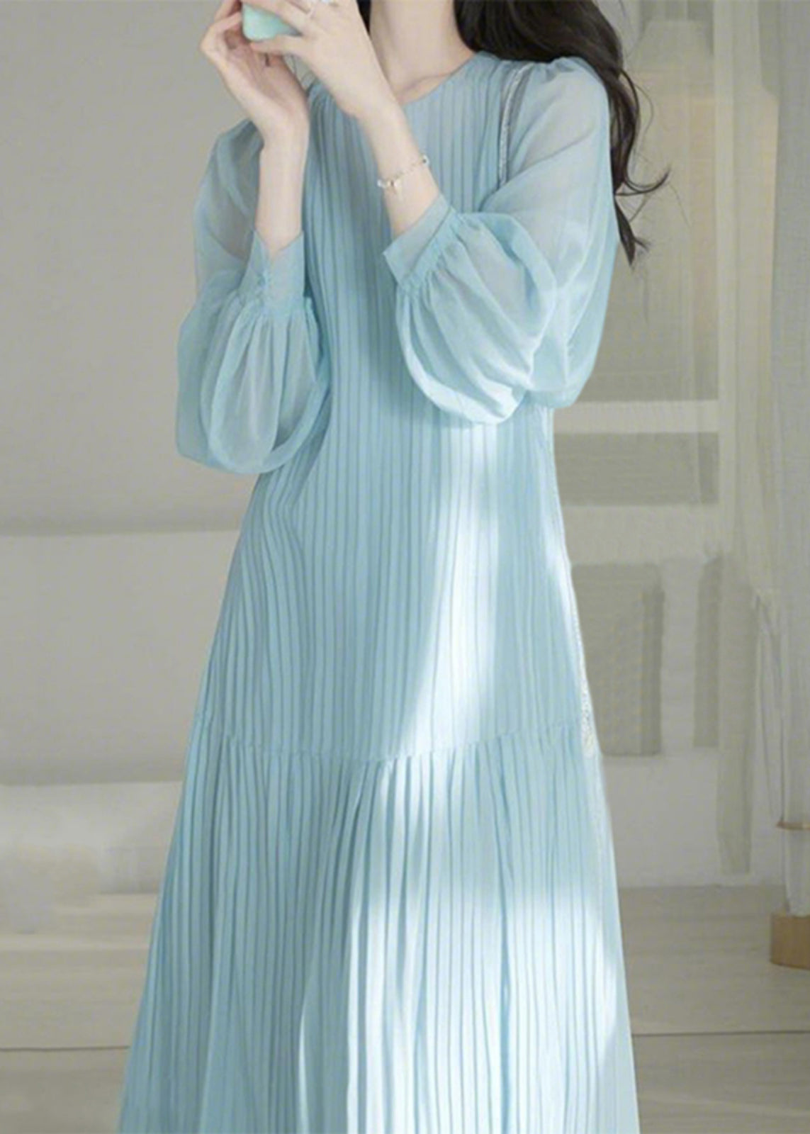 Spring Blue Maxi O-Neck Cute Light Dresses Cinched