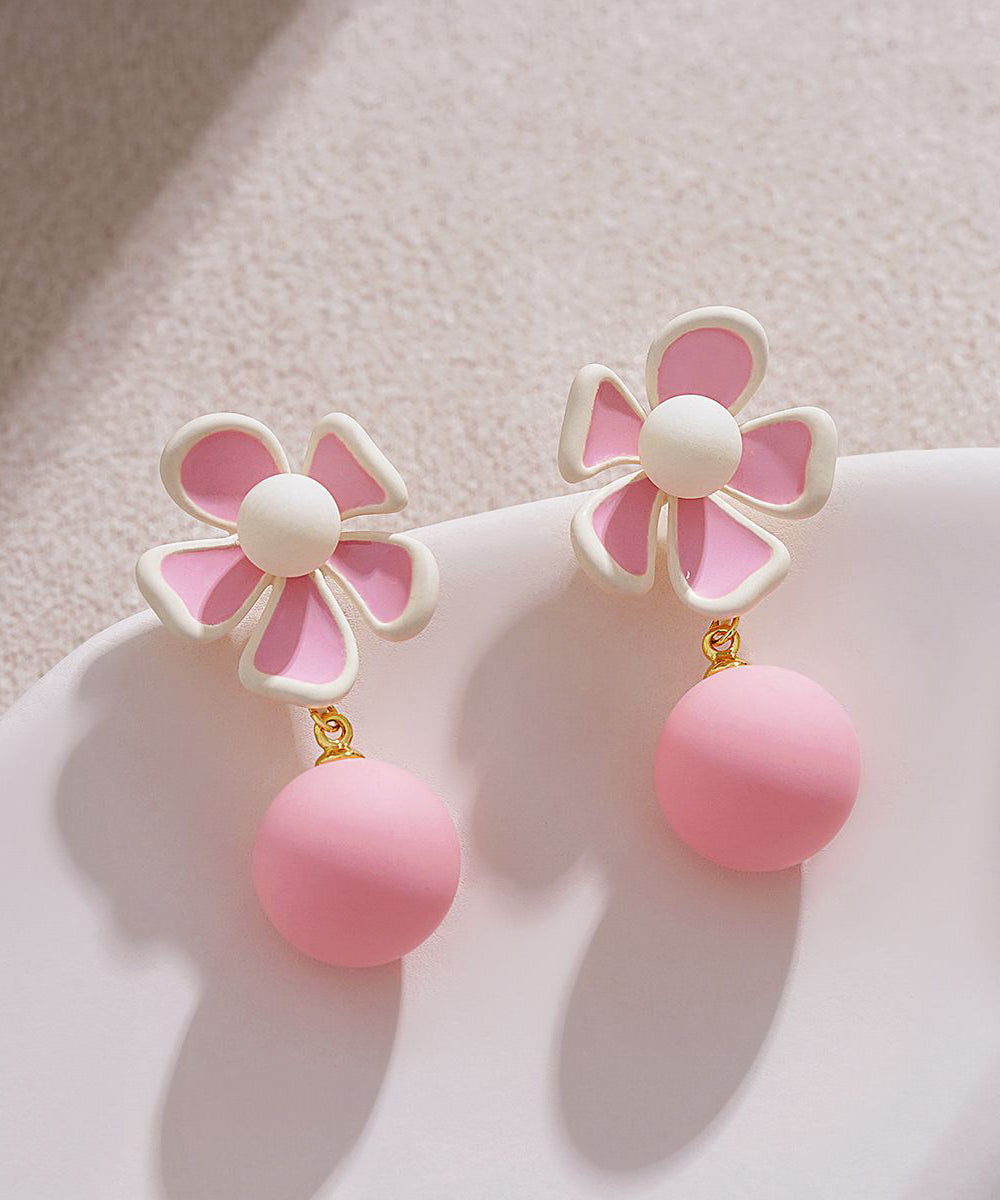 Cute Pink Alloy Floral Pearl Drop Earrings YZ009