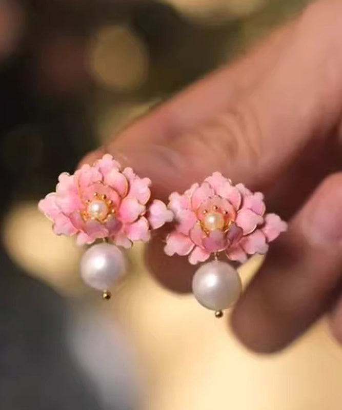 Peach Pink Alloy Stud Earrings Drip Blossom Glaze Cute Pearl