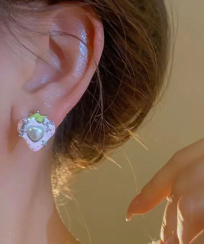 Love Zircon Stud Copper Pink Strawberry Earrings Pearl Cute