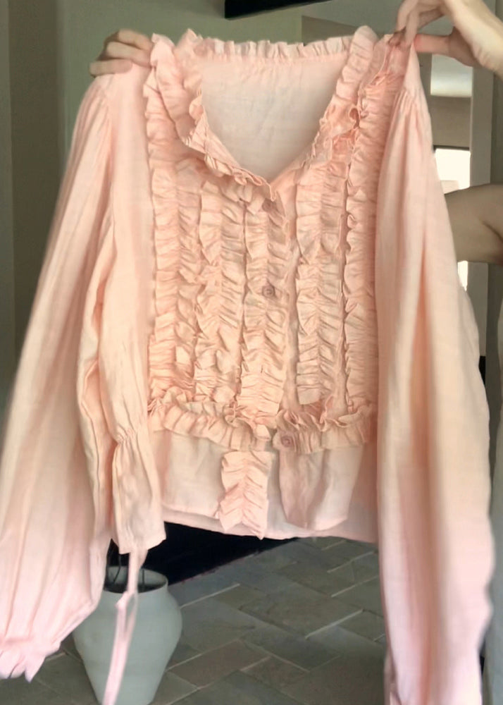 Lantern Top Chiffon Pink Sleeve Cute Ruffled O-Neck