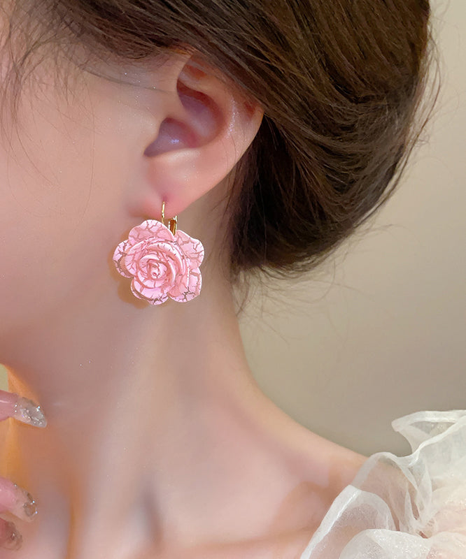 Cute Pink Sterling Silver Alloy Rose Resin Hoop Earrings YX012