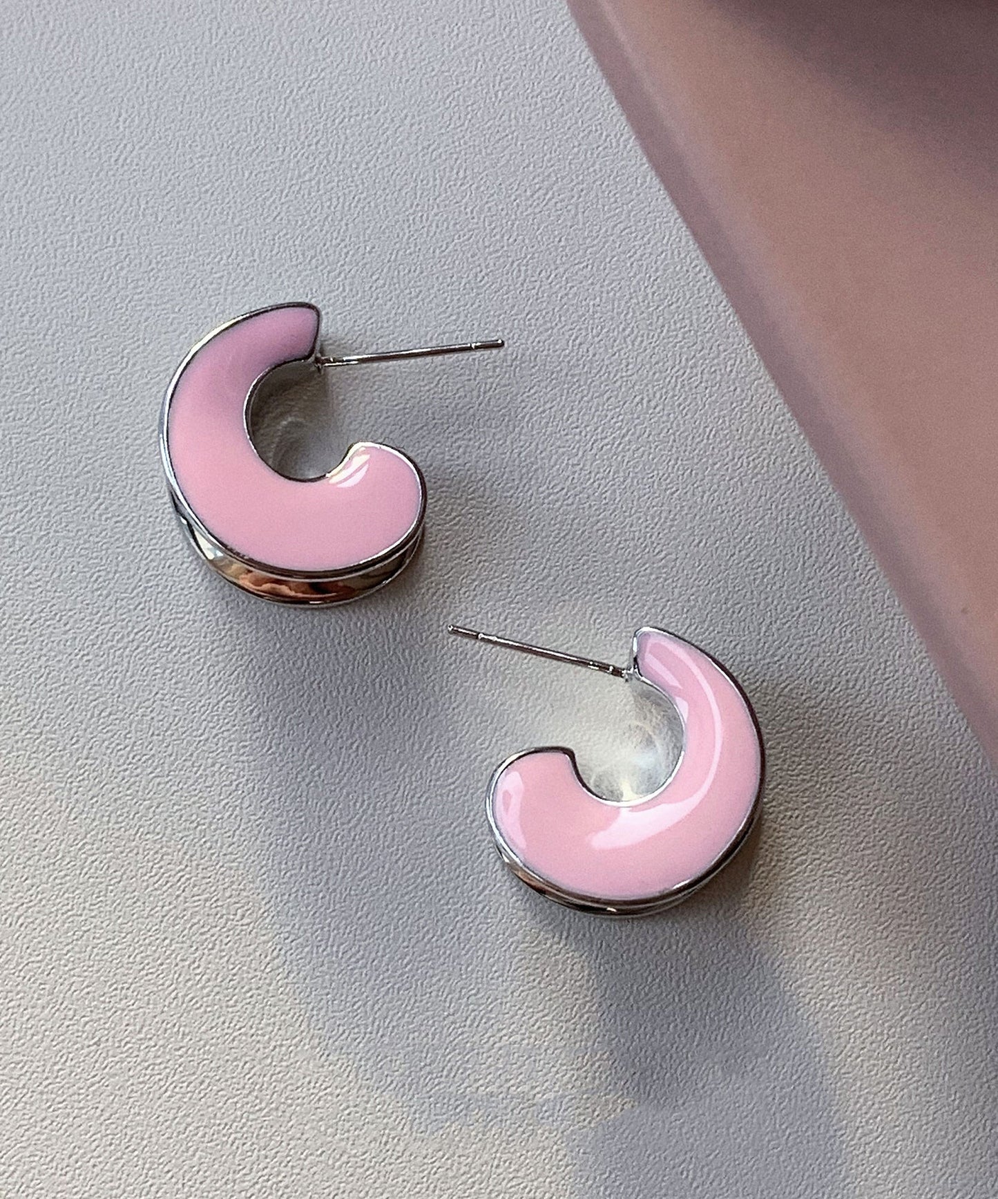 C-Shaped Glaze Earrings Silver Cute Hoop Sterling Pink Drip