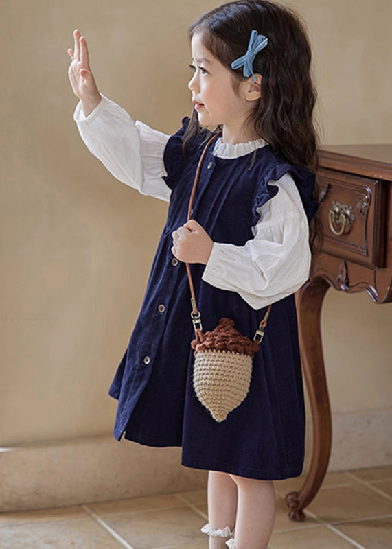 Cute Ruffled Patchwork Girls Long Dress And Shirts Two Pieces Set Puff Sleeve TR017