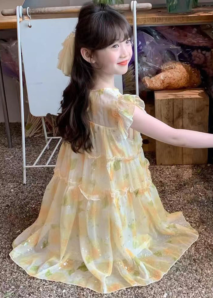 Robe longue d'été jaune à volants et col rond pour fille TT021