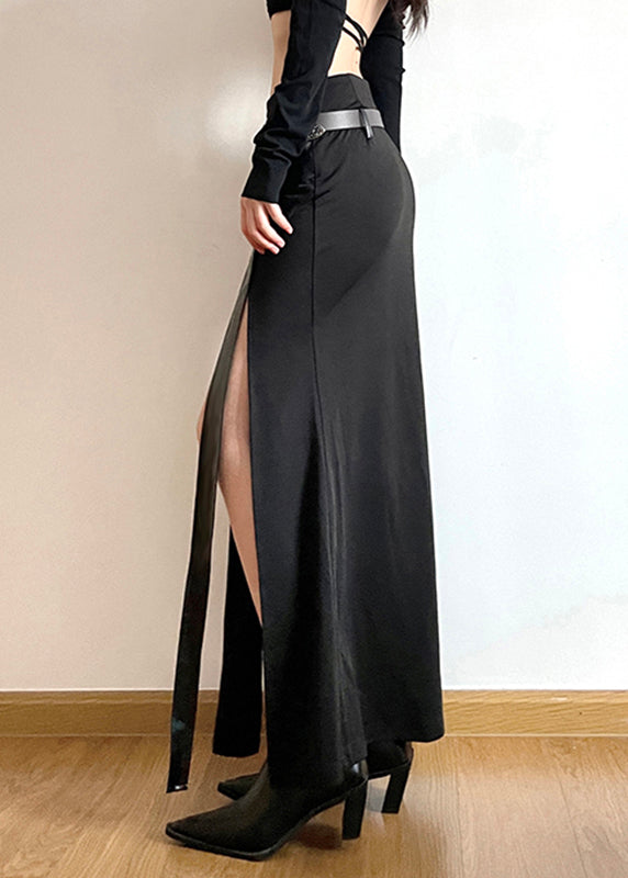 DIY Black Asymmetrical Patchwork Faux Leather Fake Two Piece Skirts Spring YP058