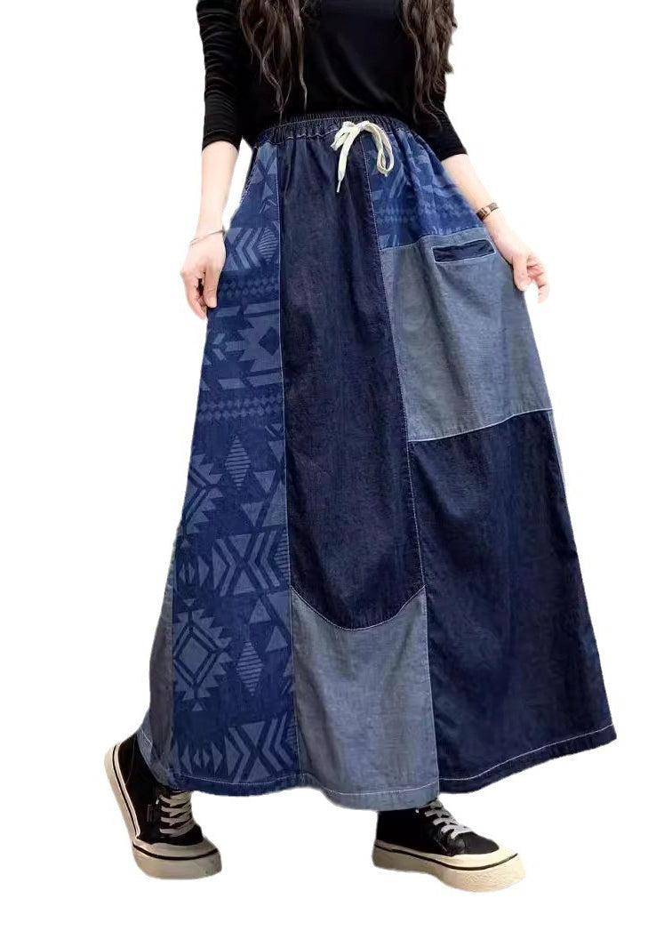 Patchwork DIY Summer Denim Skirt Asymmetrical Navy