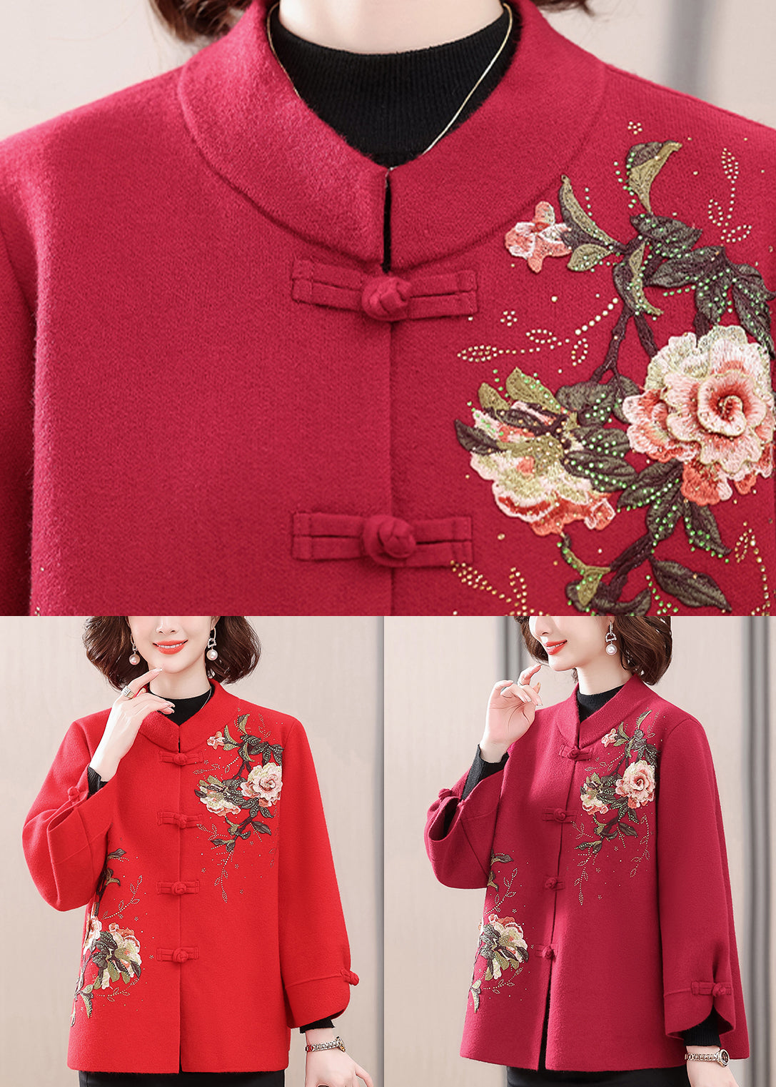 Dark Red Patchwork Button Woolen Coat Spring TA027