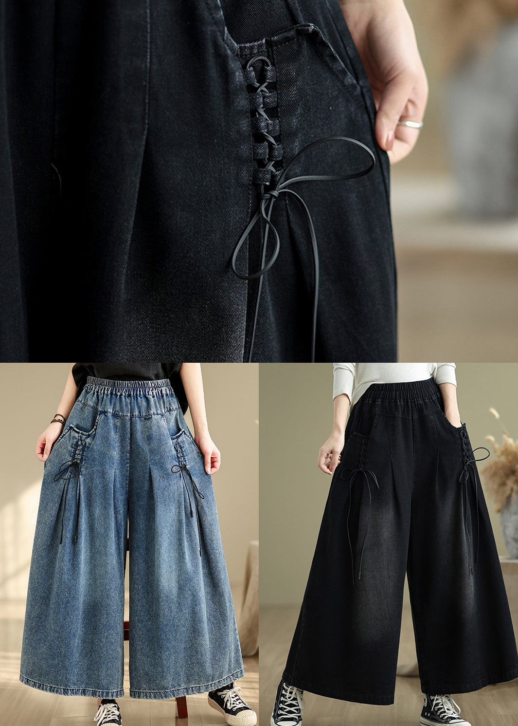 Blue Leg Strap Summer Wrinkled Wide Denim Cross Pants