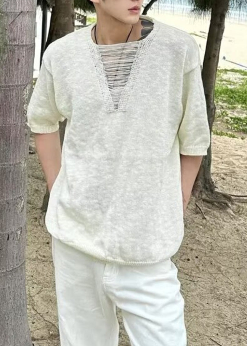 Cotton Summer Diy Neck T V White Ripped Men Shirt