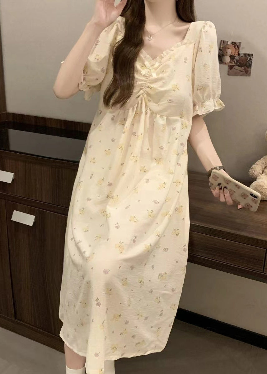 Elegant Apricot Print Ruffled Cotton Pajamas Dress V Neck Summer YK009
