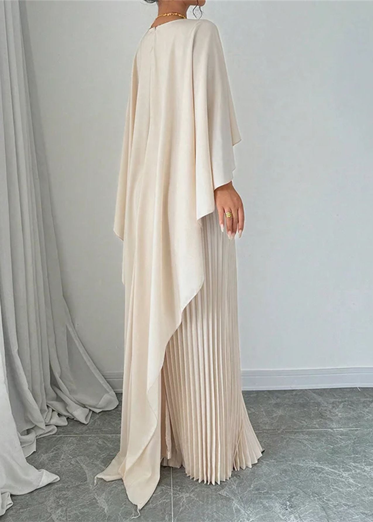 Batwing Sleeve Dress Beige Long Patchwork Asymmetrical Elegant