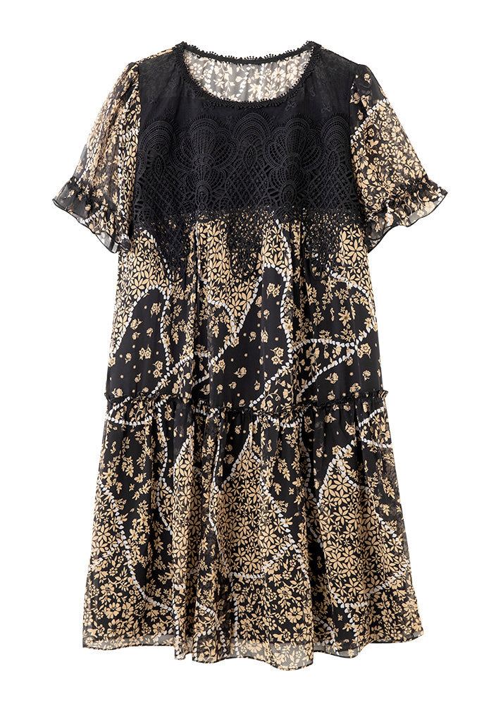 Patchwork Dress Lace Neck Elegant Summer Print Black Chiffon O
