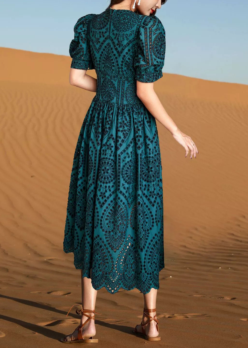 Summer Green Out Blackish V Dresses Cotton Elegant Hollow Neck