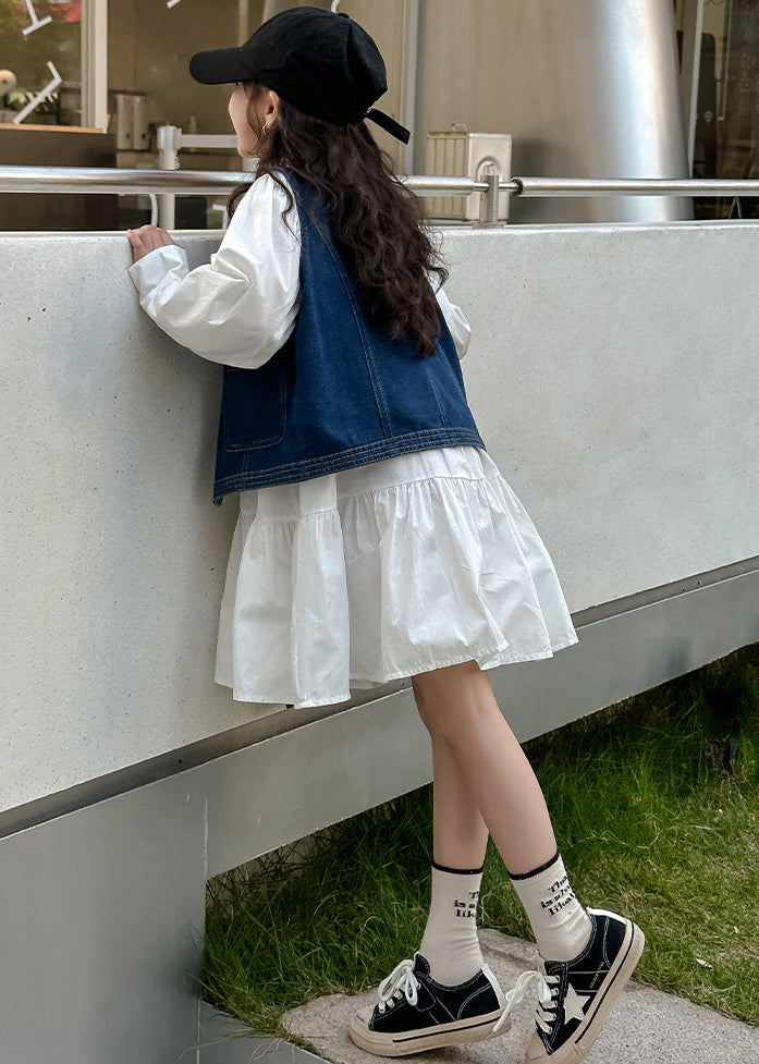 Elegante blaue Jeansweste und weißes Kleid Mädchen Sets 2 Stück Herbst XZ081