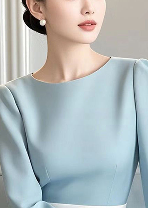 Blue Elegant O Spring Long Cotton Neck Waist High Dress