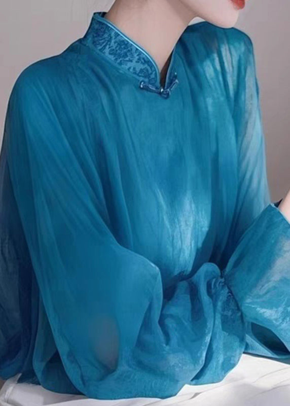 Spring Elegant Collar Blue Shirts Chiffon Stand