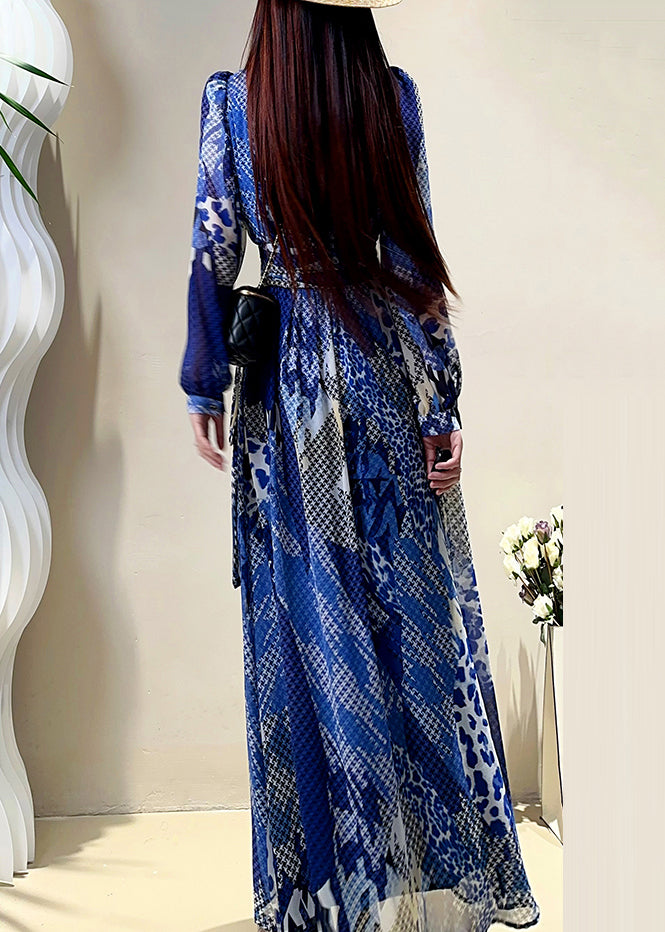 Lantern Blue Maxi Sleeve Drawstring Neck V Dress Elegant Print
