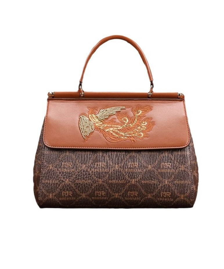 Tote Calf Handbag Brown Embroideried Leather Elegant