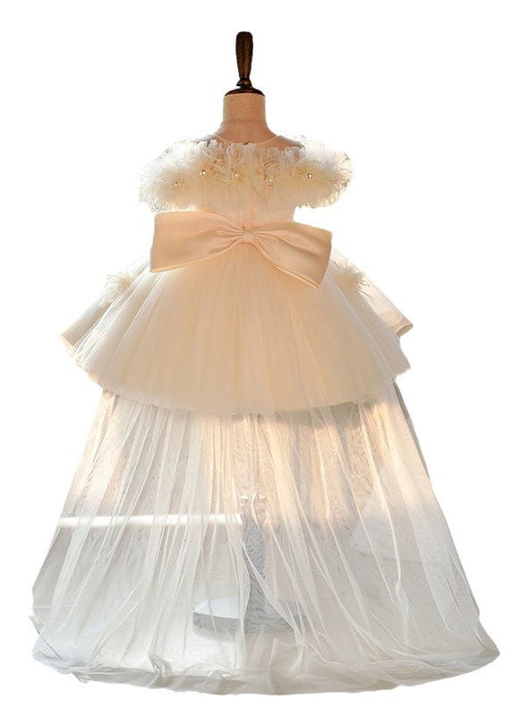 Elegant Champagne Pearl Tulle Kids Maxi Dresses Short Sleeve YG017