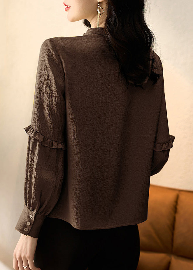 Spring Patchwork Tops Silk Ruffled Elegant Shirt Chocolate