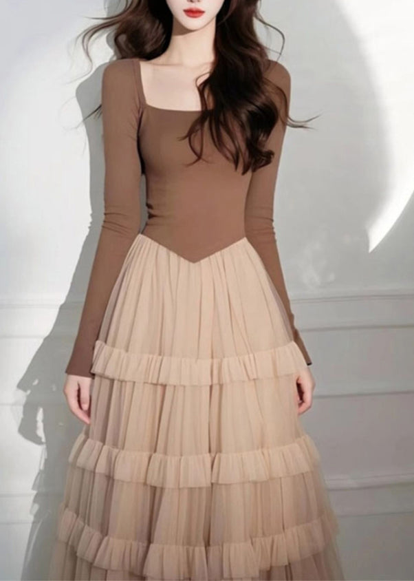 Collar Patchwork Coffee Dress Square Tulle Long Elegant Cake
