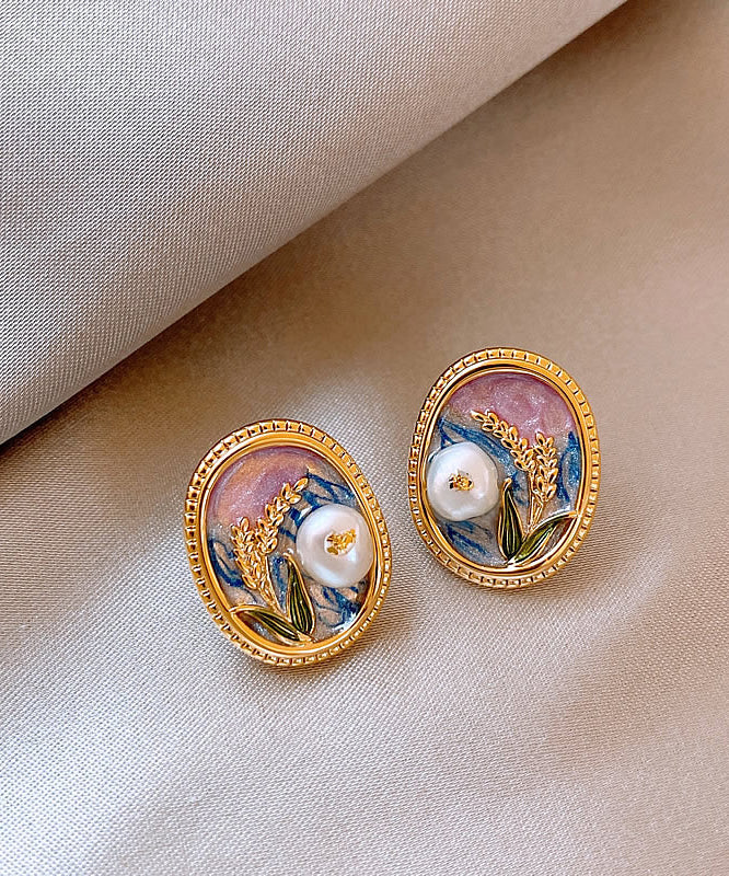 Elegant Gold Copper Alloy Pearl Enamel Stud Earrings TX029