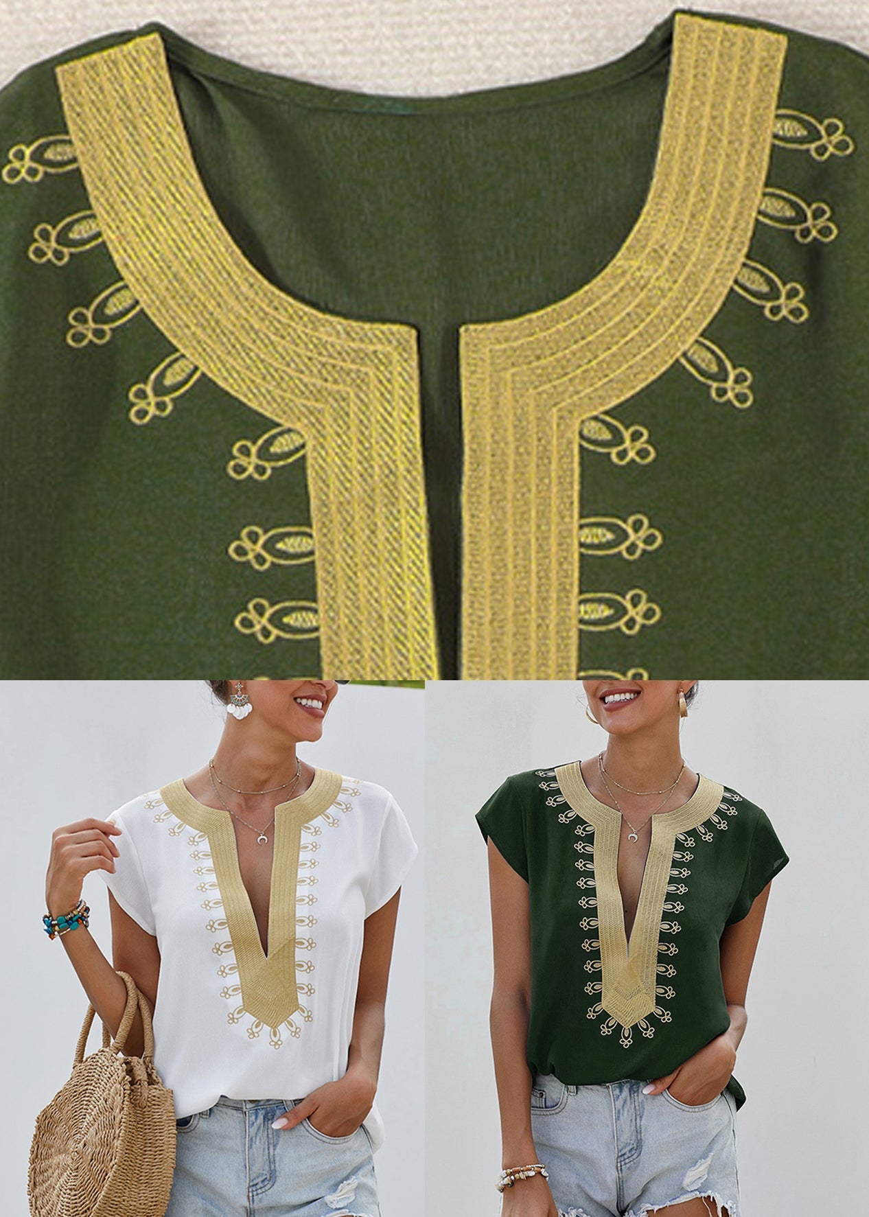 V Patchwork Neck Green Shirts Summer Elegant