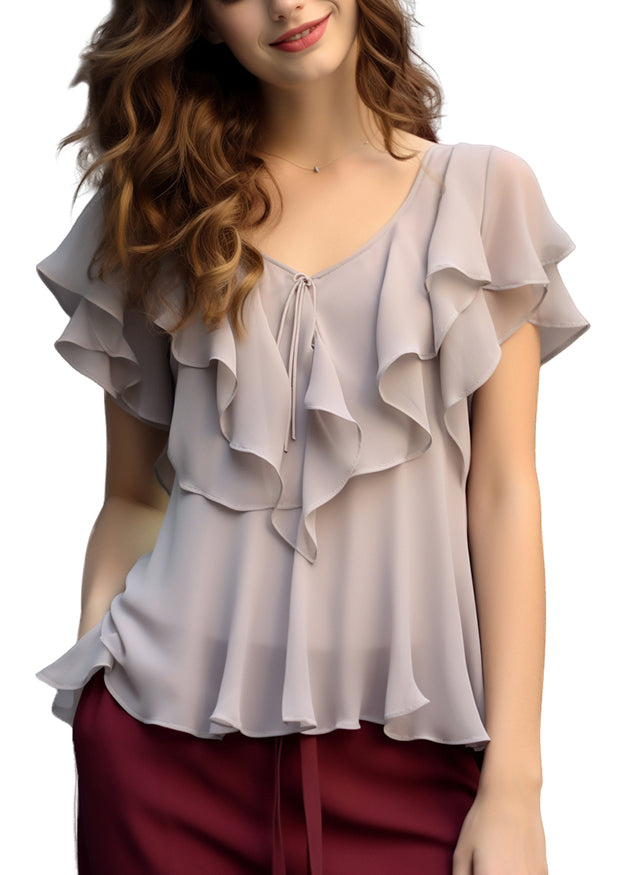 Elegant Grey Patchwork Ruffled Blouses Chiffon Summer