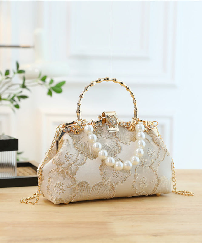 Khaki Tote Elegant Satin Handbag Pearl Zircon