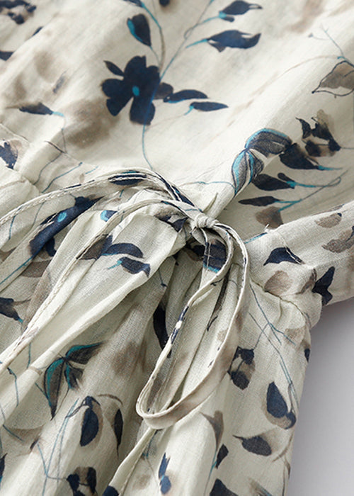 Elegante hellgraue Print Schnürung Baumwollkleider Sommer GG026