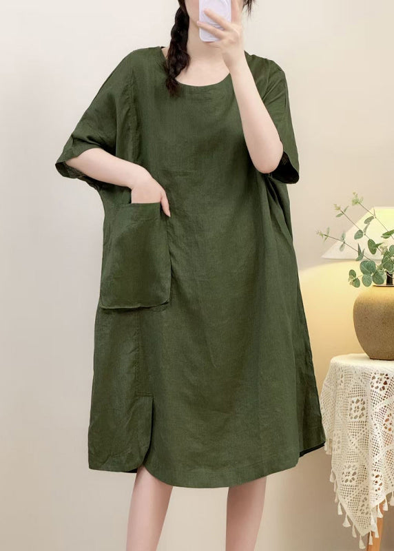 Pockets Elegant Linen Open Dress Pink Side Sleeve Half