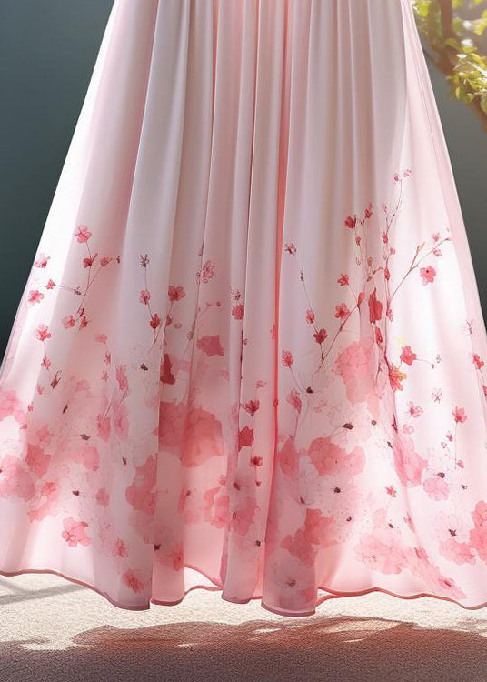 Skirt Elastic Waist Elegant Chiffon Print Pink Summer